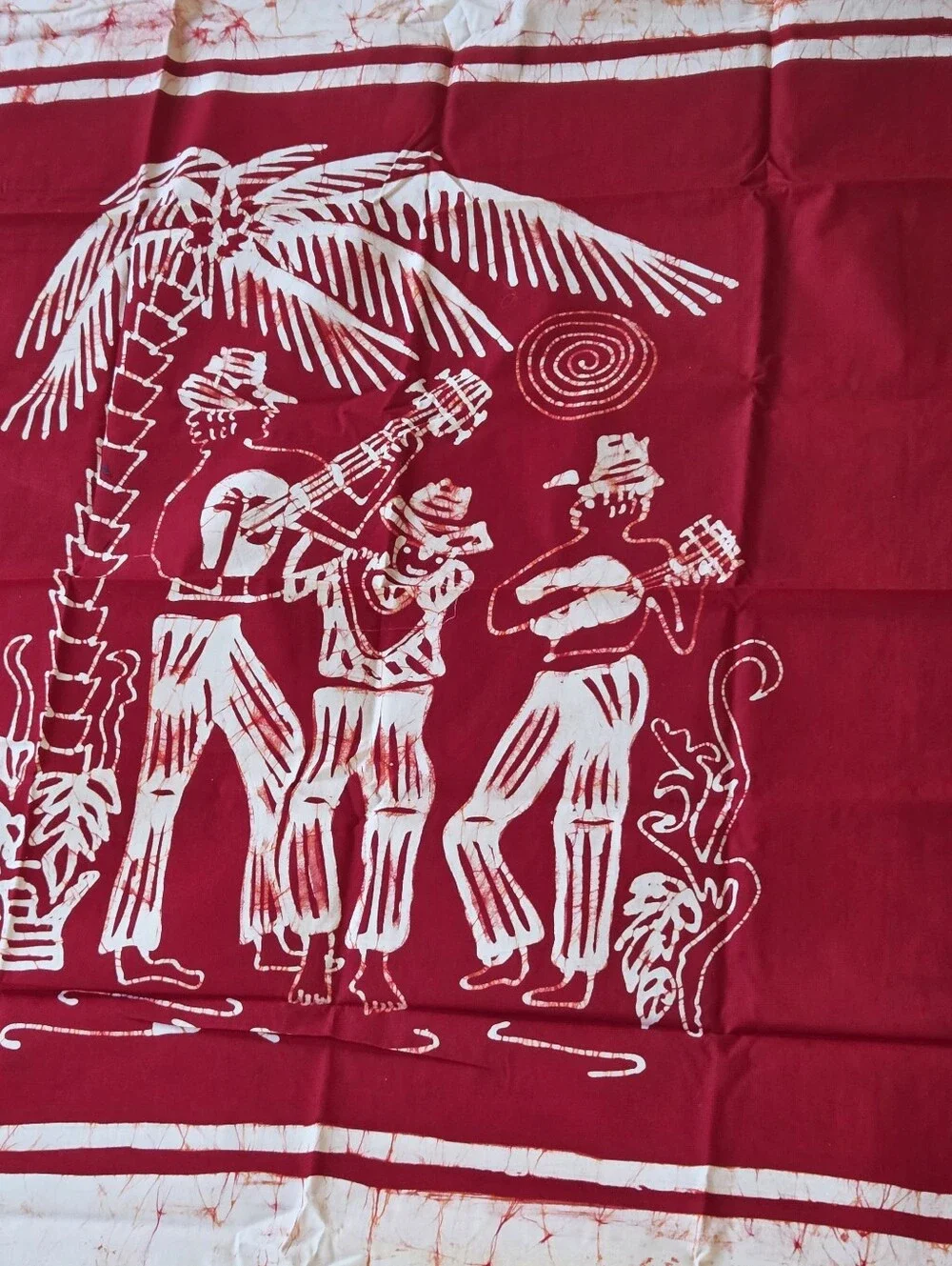 Caribelle Batik Caribbean Musicians Palm Tree Red Wax Resit Art Fabric Panel